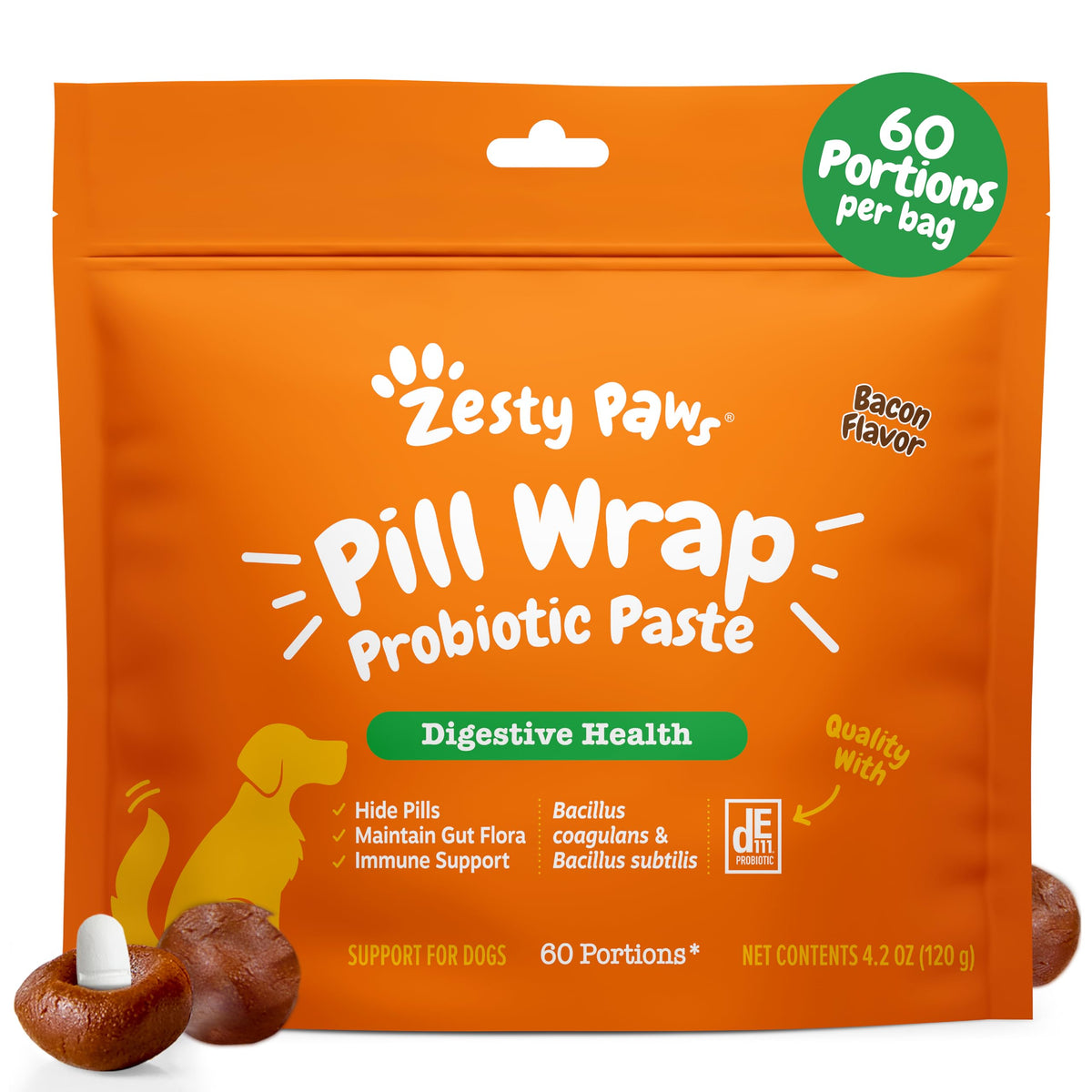 Zesty Paws Pill Wrap Probiotic Paste bacon flavor enables easy pill dosing.