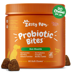 Zesty Paws Probiotics bottle pour shows easy dosing for digestive support.