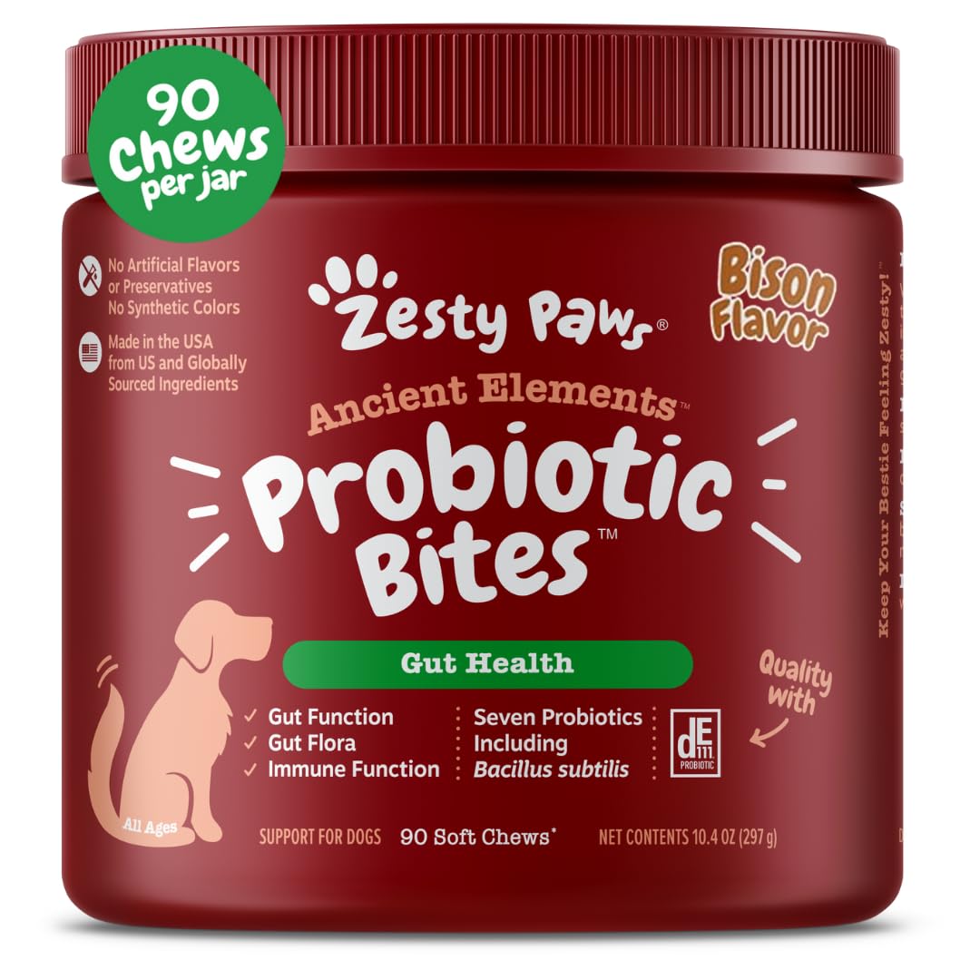 Zesty Paws Probiotics bottle front showcases canine digestive support.
