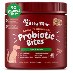 Zesty Paws Probiotics bottle front showcases canine digestive support.