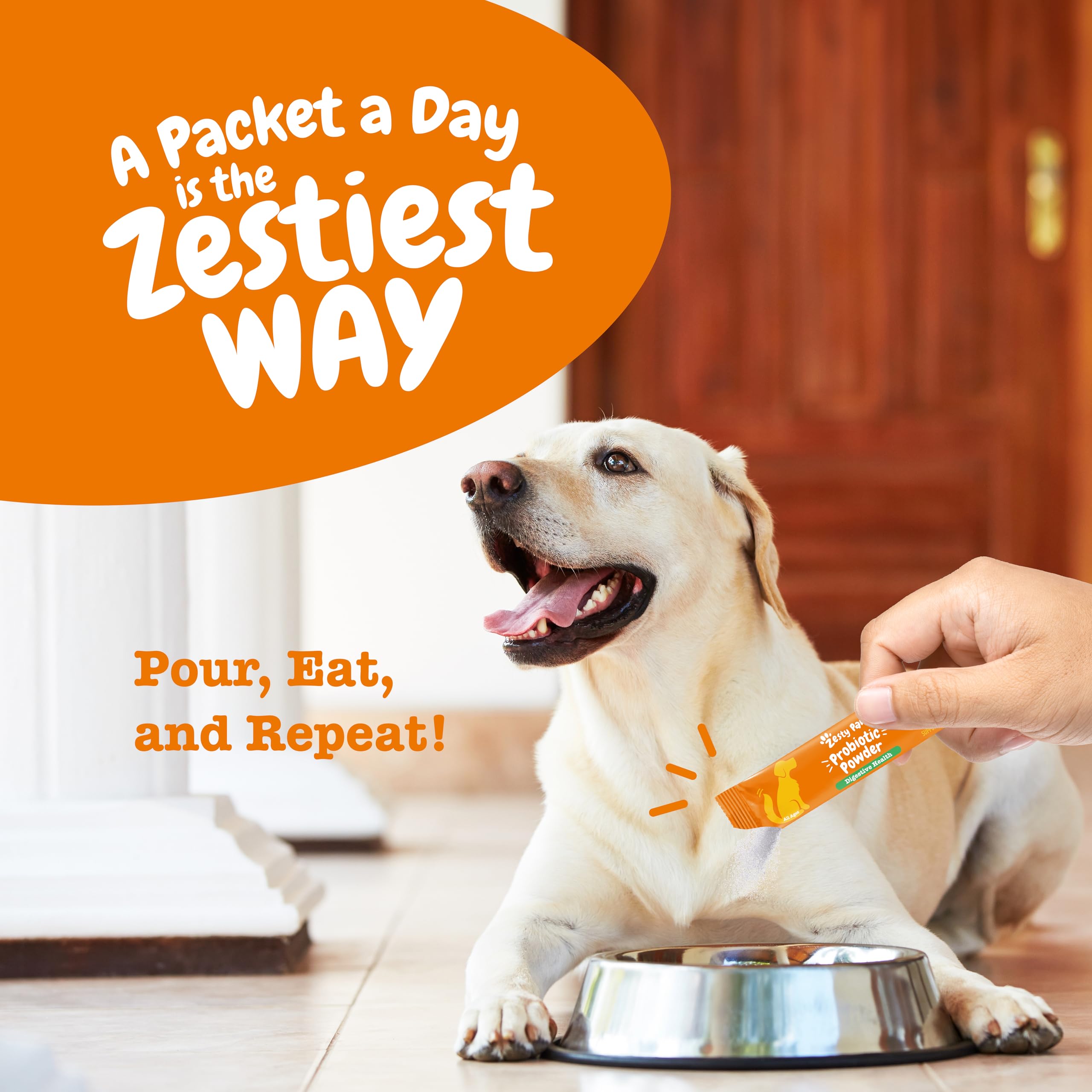 Dog bowl with Zesty Paws topper ready to serve during mealtime.