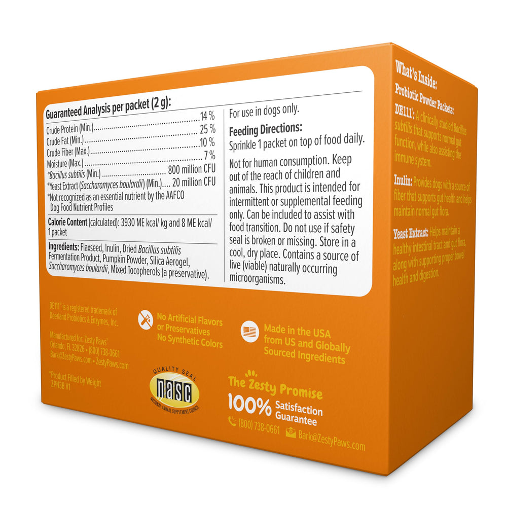 DE111 label closeup on Zesty Paws probiotic highlights immune-support formulation.