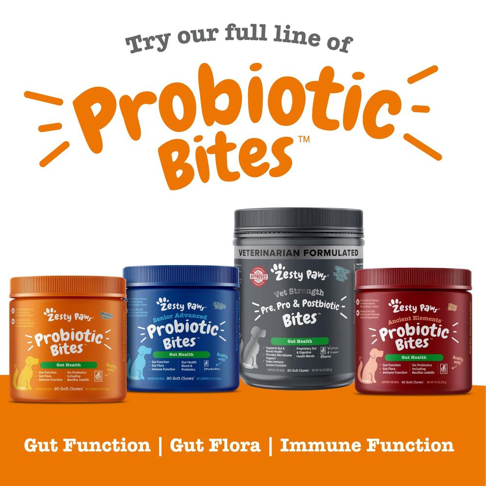 Zesty Paws probiotics for dogs dog-bowl-treat shows serving-sized chew ready for daily routine.