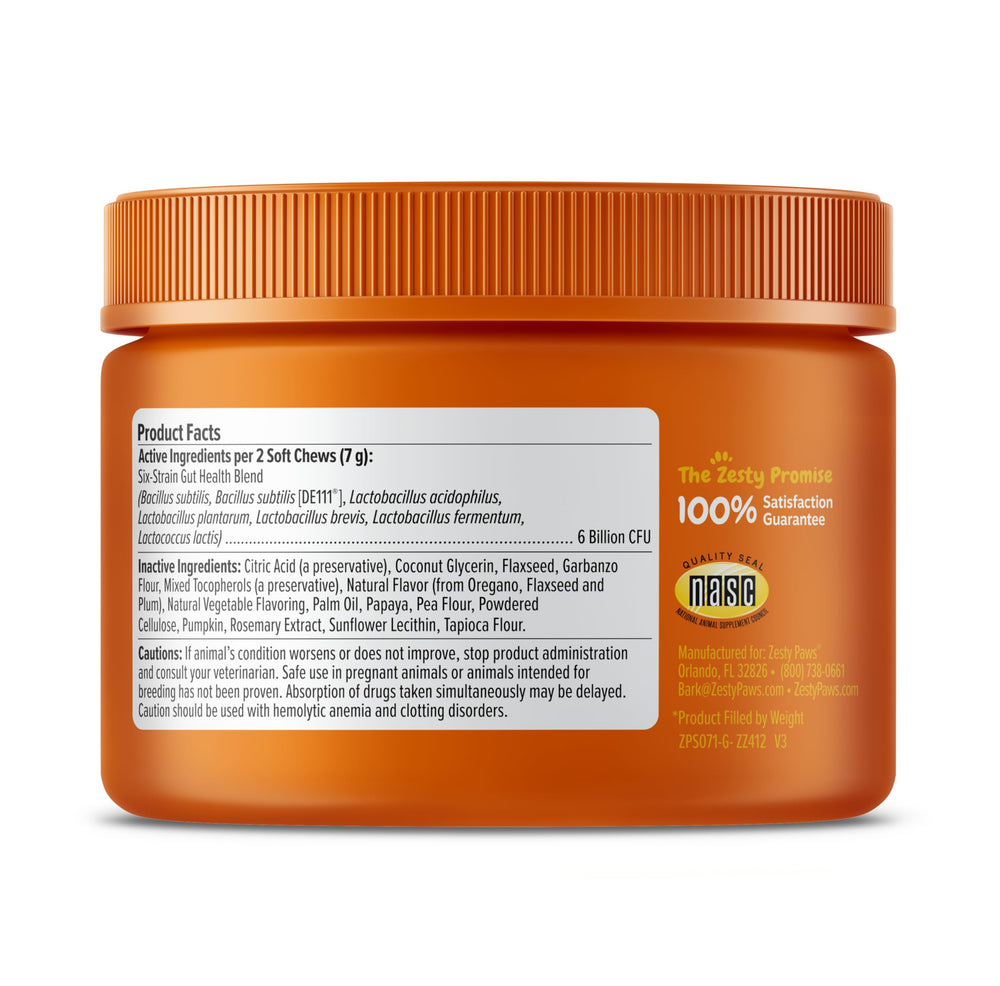 Zesty Paws Probiotics for Dogs packaging front showing value and chews count