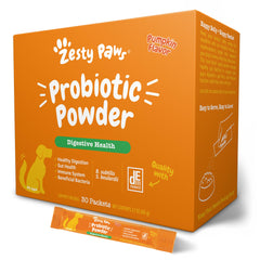 Zesty Paws Probiotics for Dogs powder-topper bottle shows gut-supporting formula.