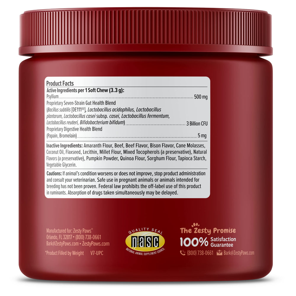 Zesty Paws Probiotics packaging label highlighting ingredients and usage.