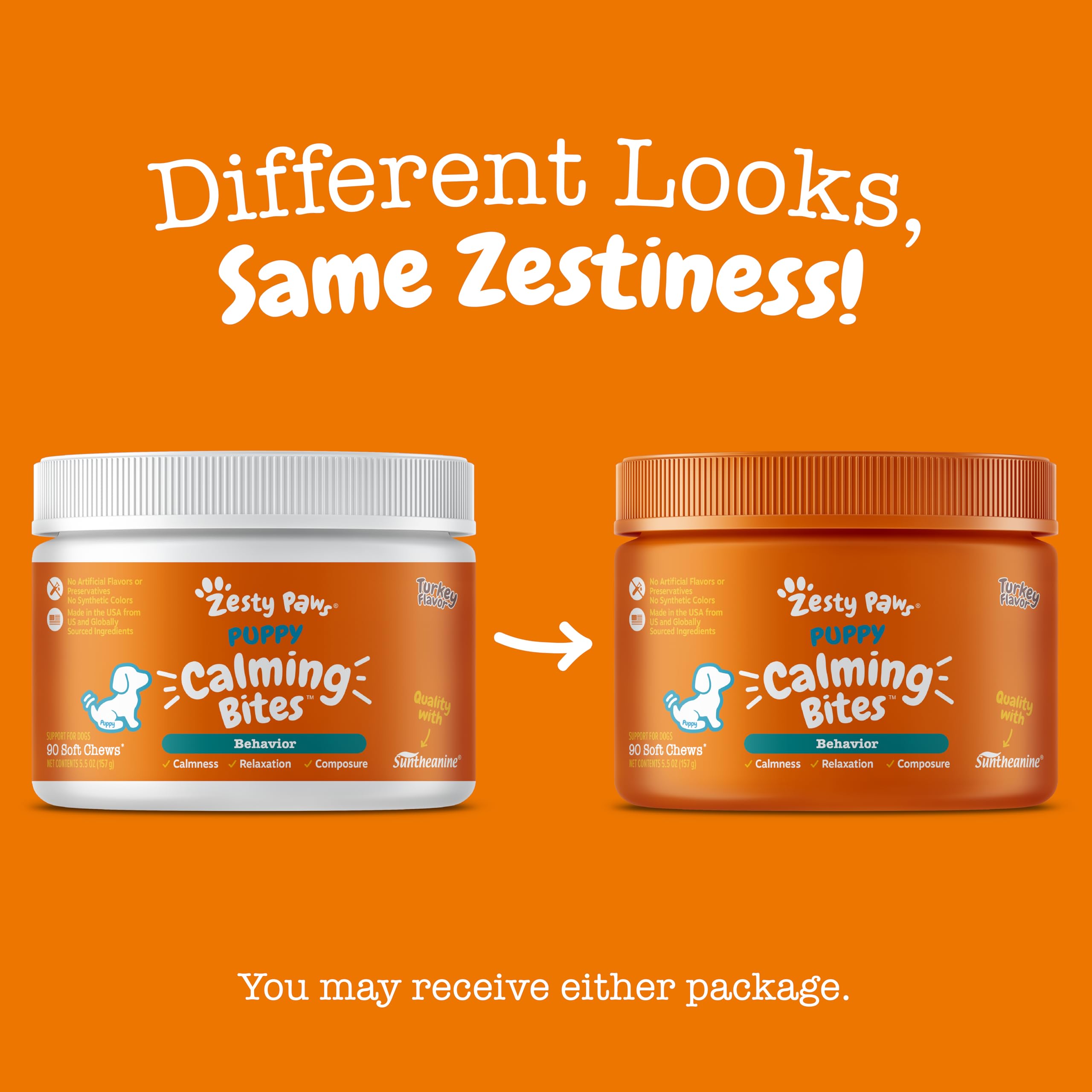 Zesty Paws puppy enjoying a chew, illustrating potential improved composure.