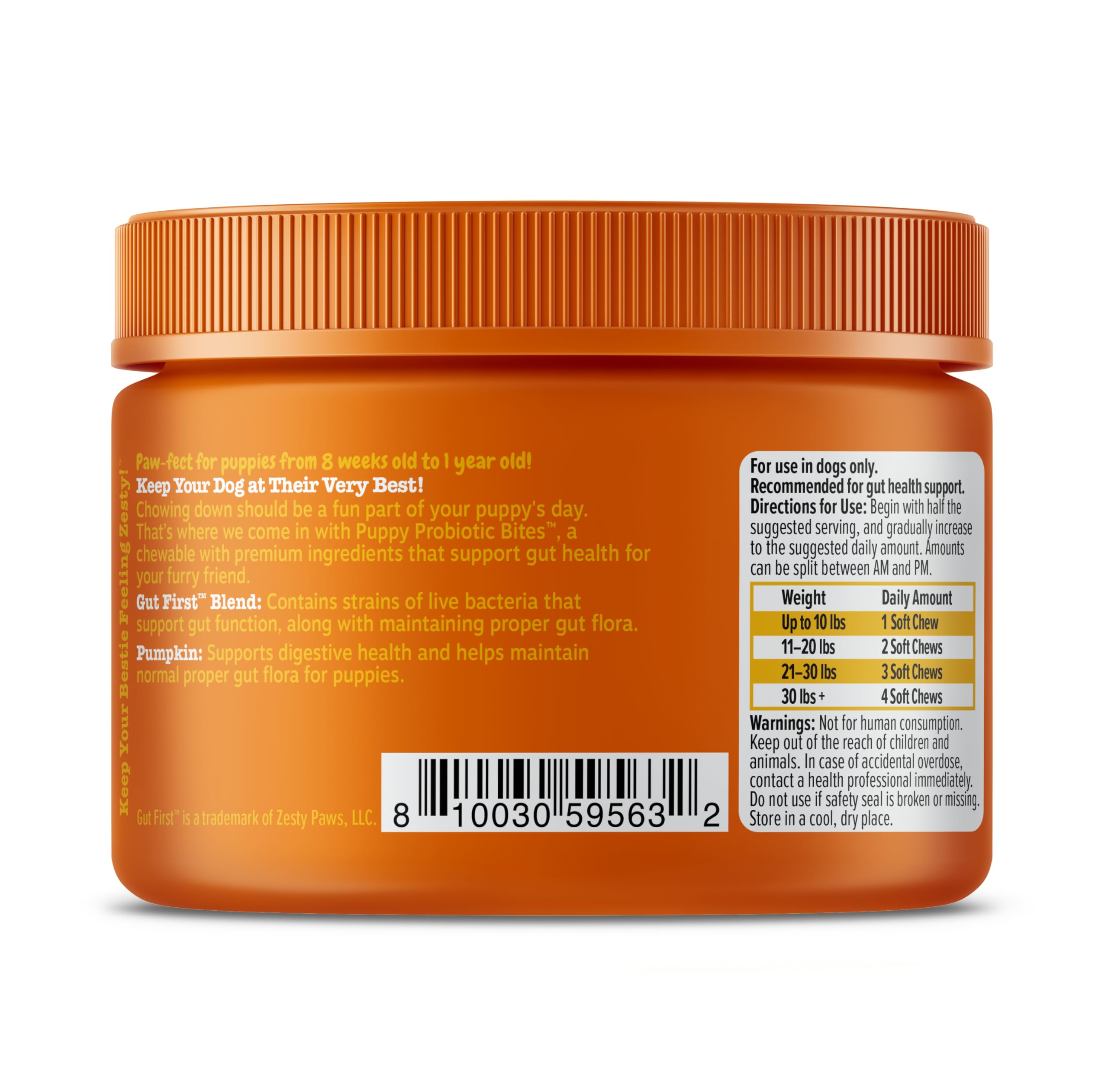 Zesty Paws Puppy Probiotics at meal time supports growth-related gut health.