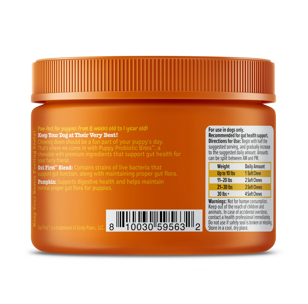 Zesty Paws Puppy Probiotics at meal time supports growth-related gut health.