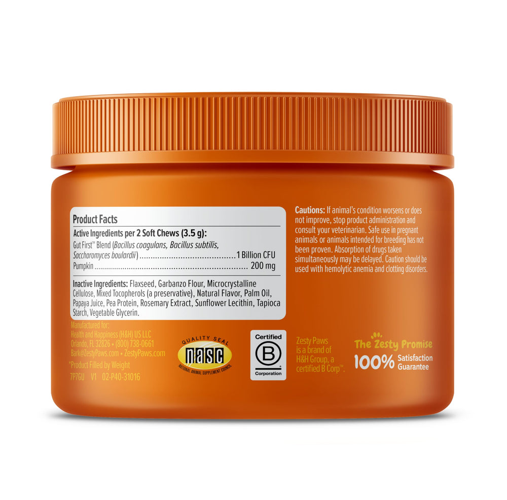 Zesty Paws probiotic chews with pumpkin bits highlight flavor.