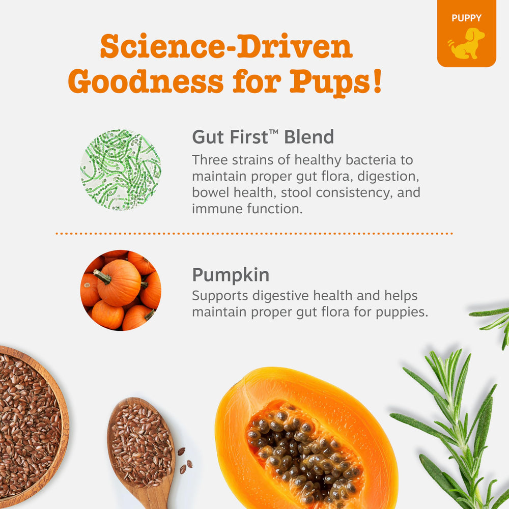 Zesty Paws Puppy Probiotics with pumpkin in chew promotes gut-friendly fiber.