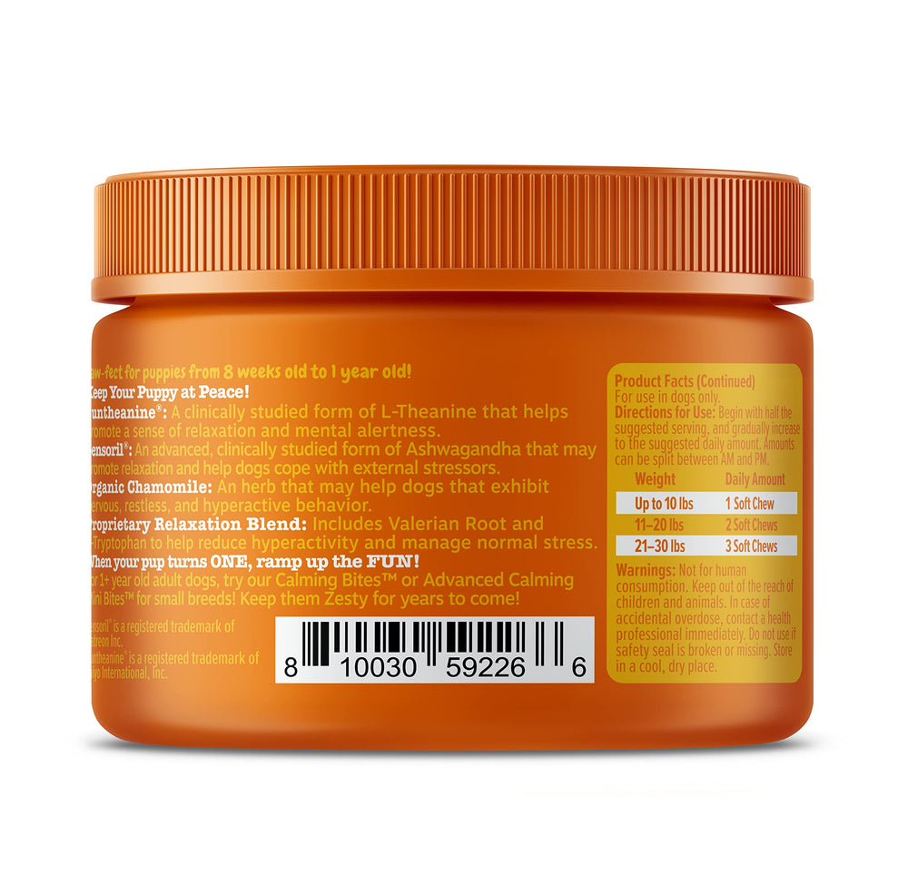 Zesty Paws Relaxation blend ingredients like chamomile and ginger depicted on package.