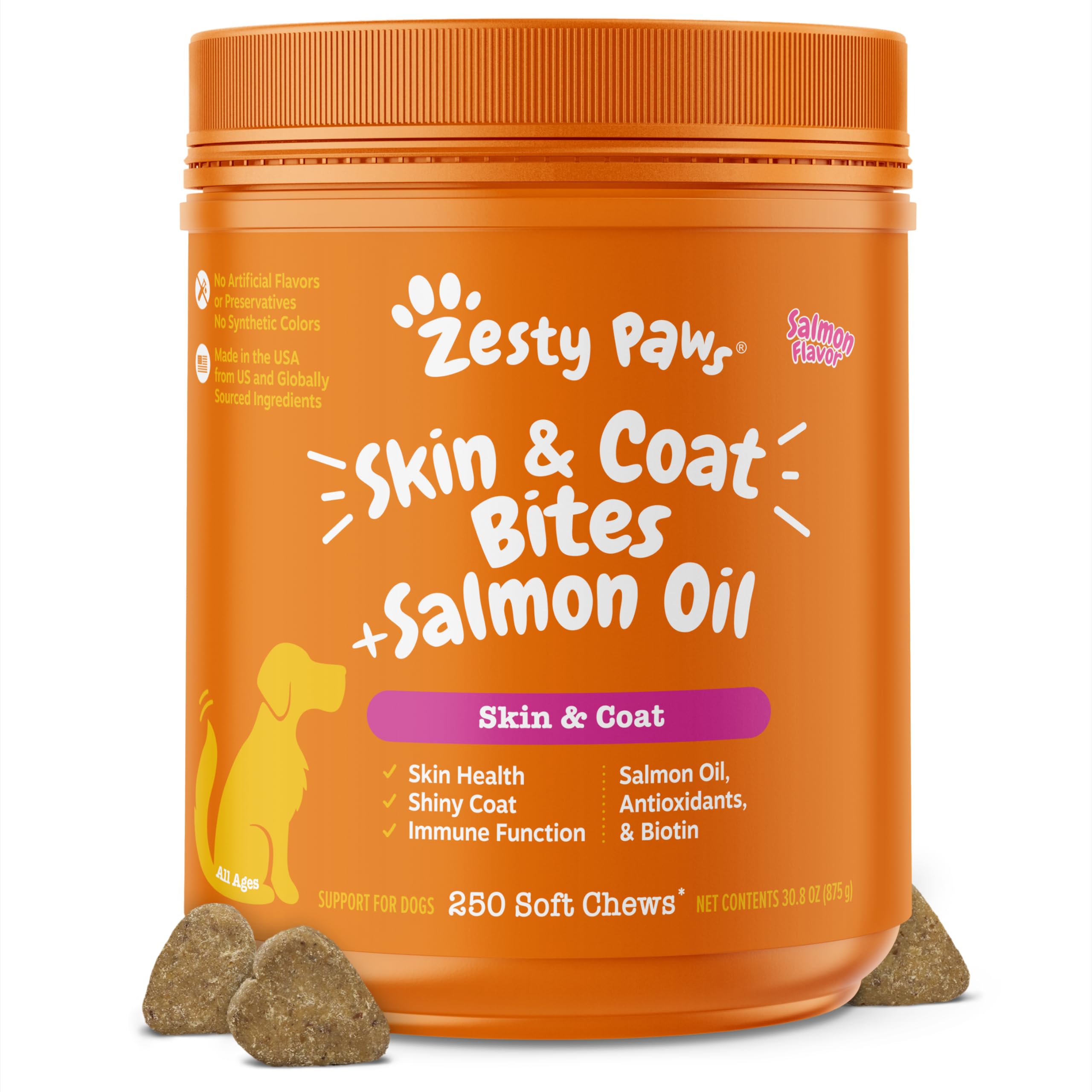 Zesty Paws Salmon Oil for Dogs bottle pour promotes convenient omega-3 intake for skin and coat.