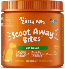 Zesty Paws Scoot Away packaging image showing gut-support soft chews.