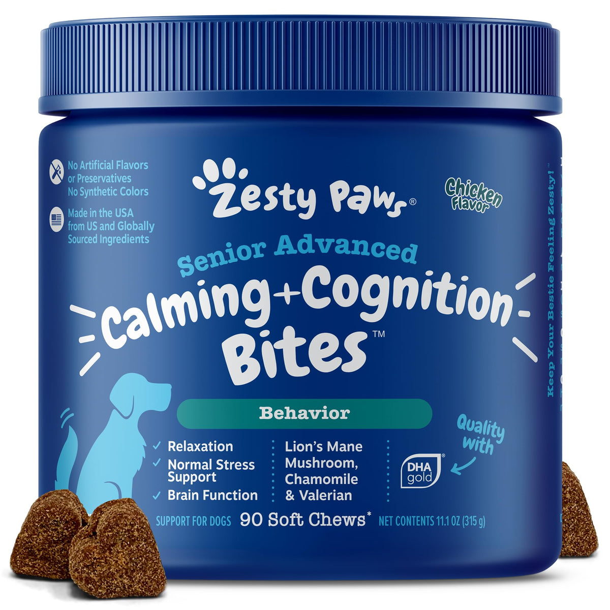 Zesty Paws Senior Calming Soft Chews bottle promotes calm for aging dogs.