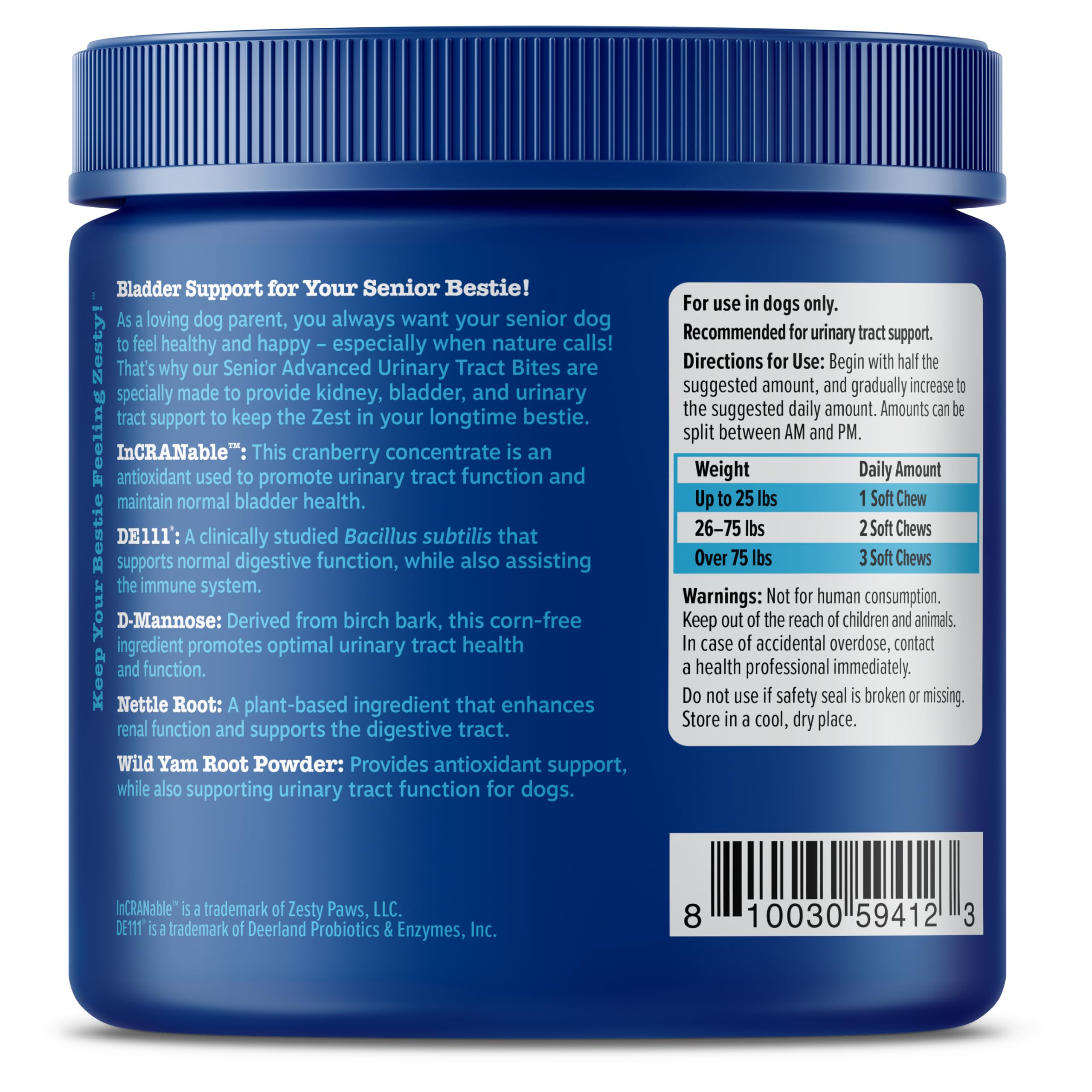 Zesty Paws Senior Cranberry focus on urinary health illustration and function.