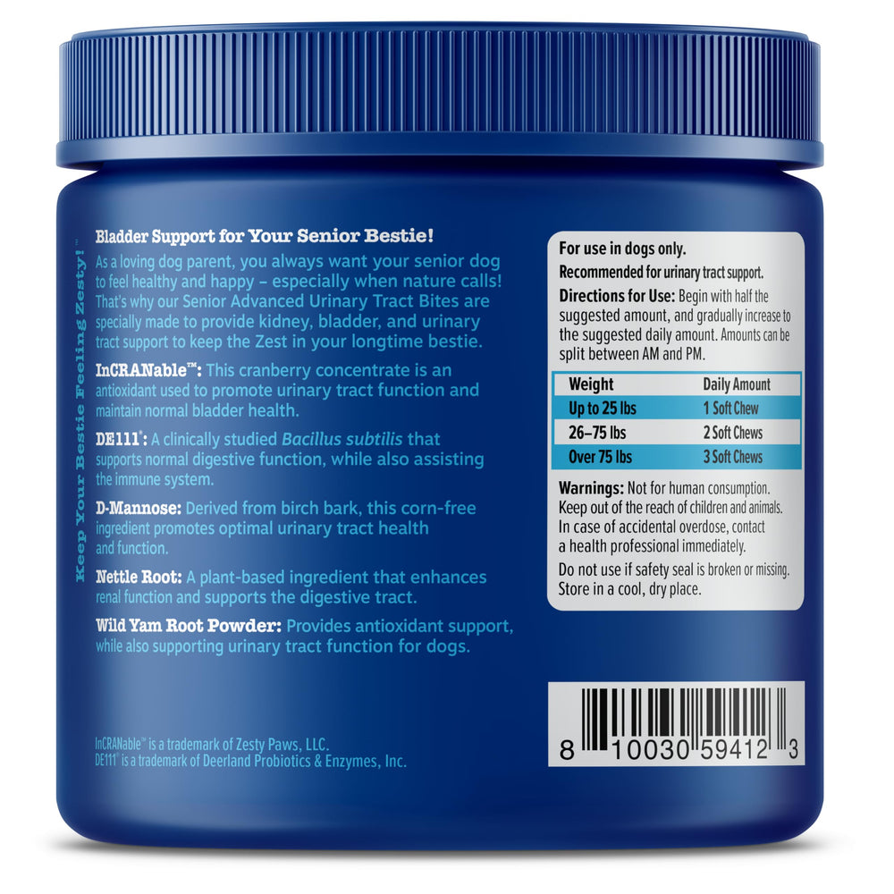 Zesty Paws Senior Cranberry focus on urinary health illustration and function.