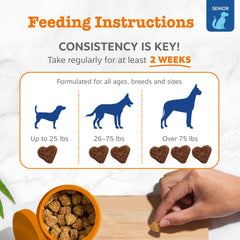 Zesty Paws Senior Dog Multivitamin Treats chews close-up emphasize glucosamine and joint care in action.