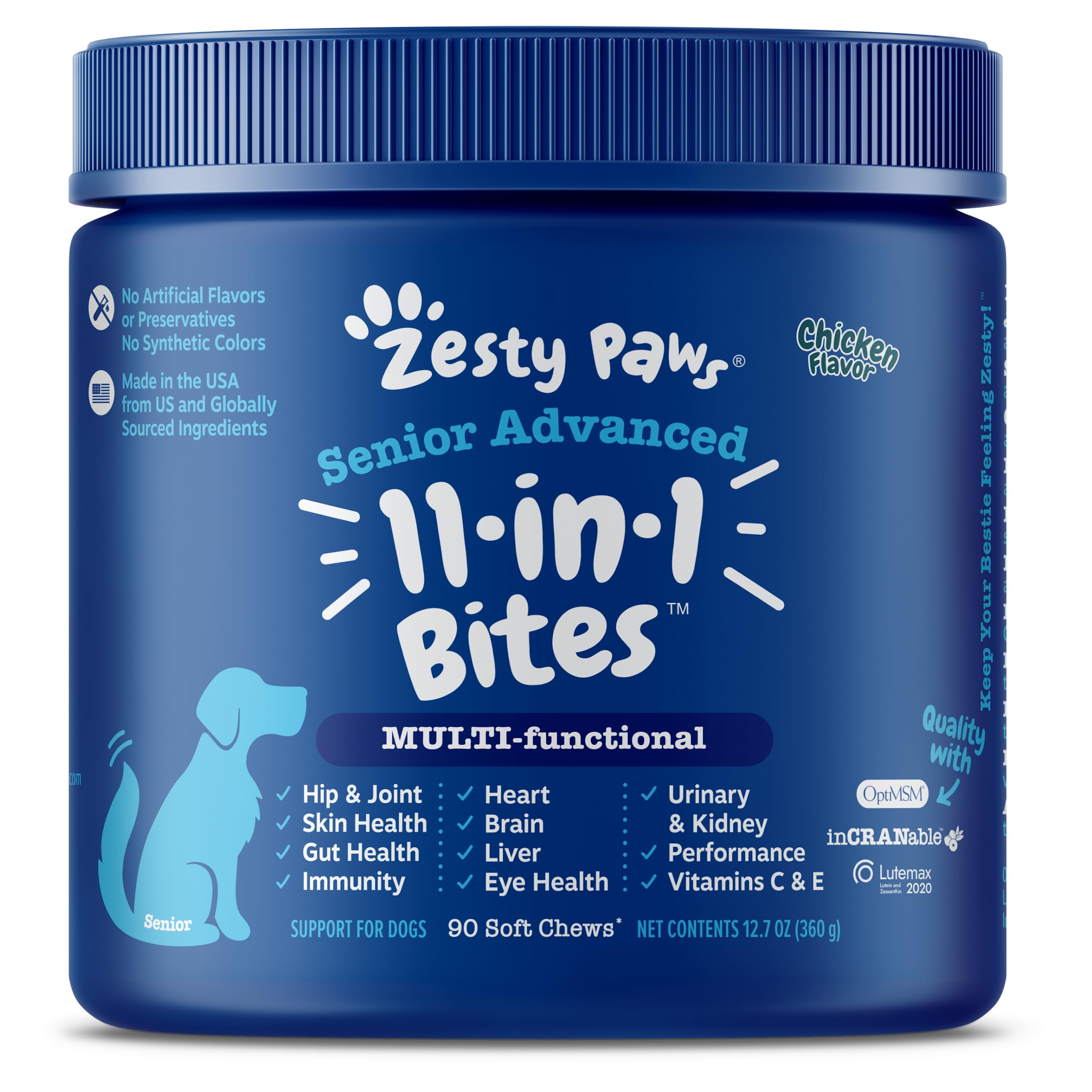 Zesty Paws Senior Dog Multivitamin Treats bottle packaging supports aging-dog wellness.