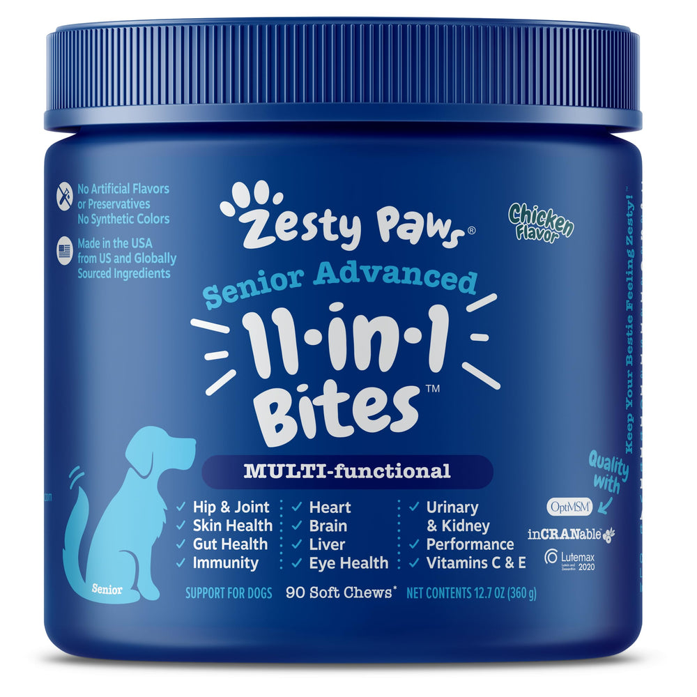 Zesty Paws Senior Dog Multivitamin Treats bottle packaging supports aging-dog wellness.