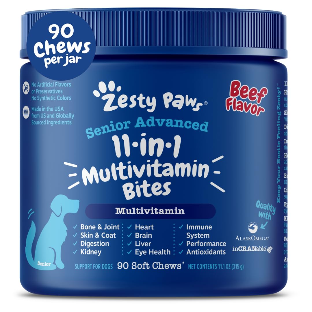 Zesty Paws Senior Dog Multivitamin Treats bottle view highlights grain-free beef flavor for daily support.
