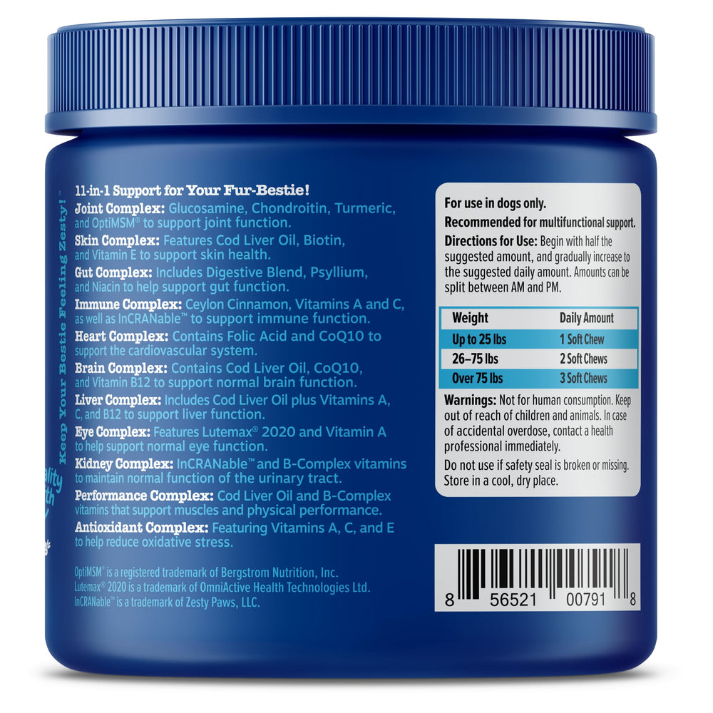 Zesty Paws Senior Dog Multivitamin Treats packaging open for easy daily dosing.