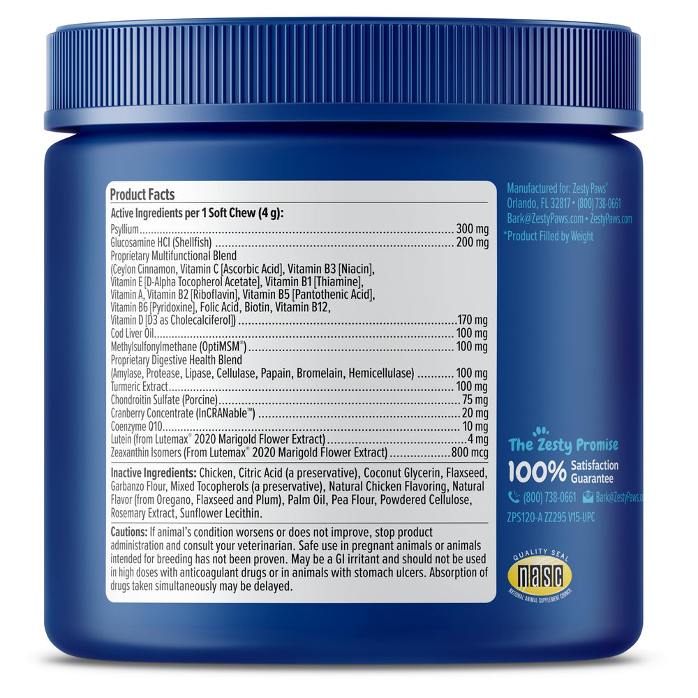 Zesty Paws Senior Dog Multivitamin Treats serving with hand suggests daily balance for seniors.