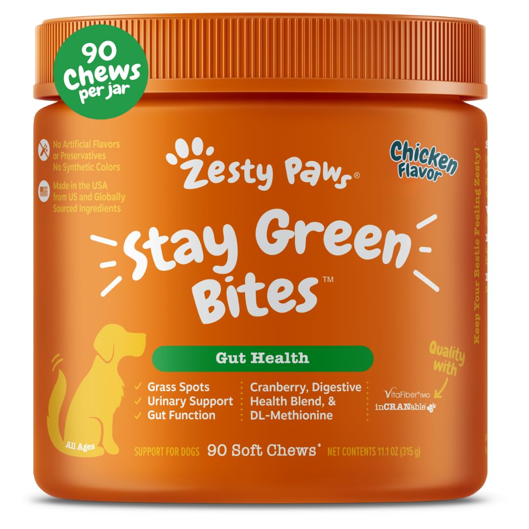 Zesty Paws Stay Green Bites grass-burn chews help lawn health and urinary comfort in dogs.