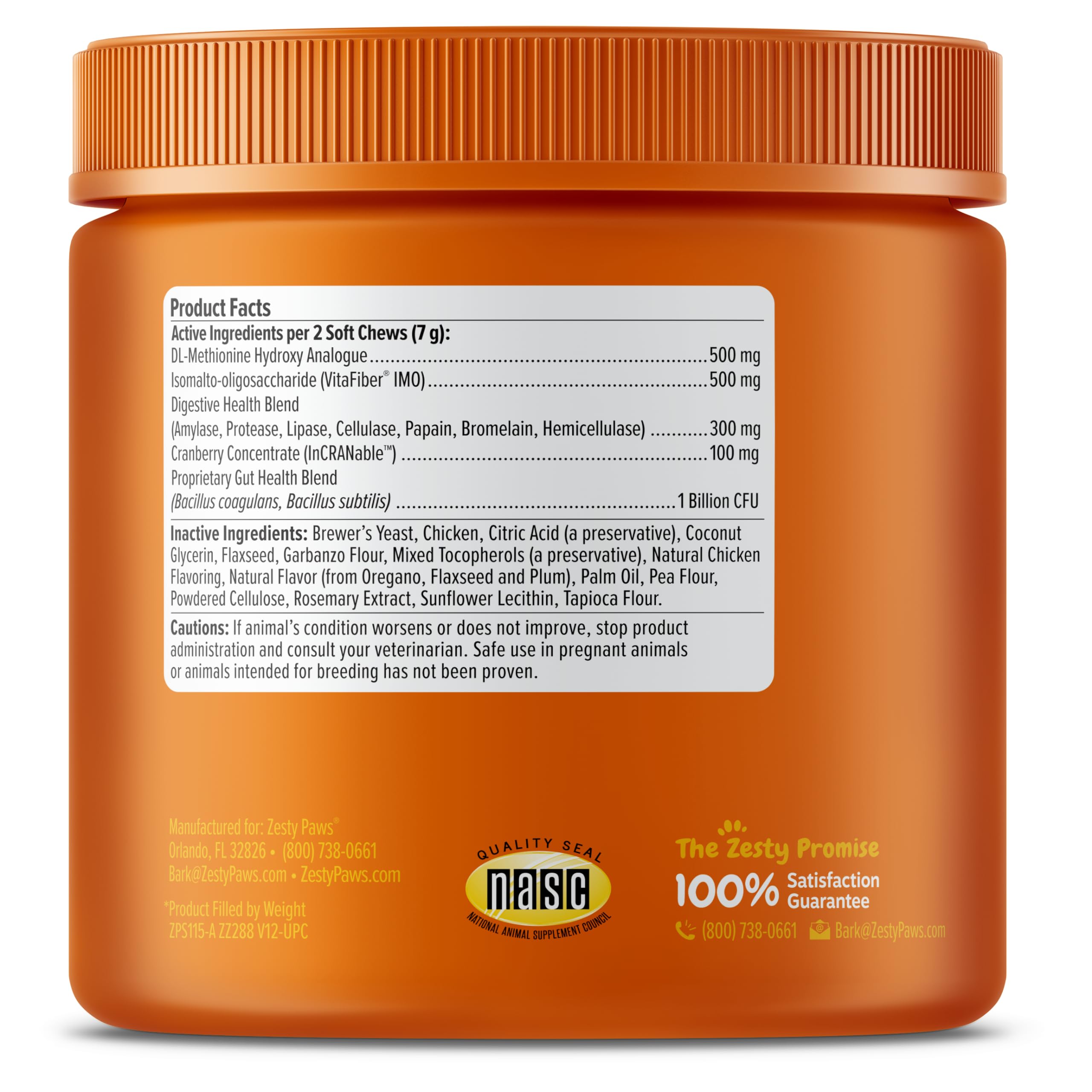 Zesty Paws Stay Green Bites packaging showing 90-count jar and serving suggestions.