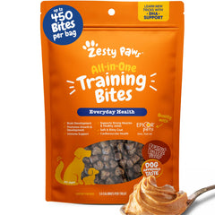 Zesty Paws PB flavor training treats bag promotes positive training rewards.