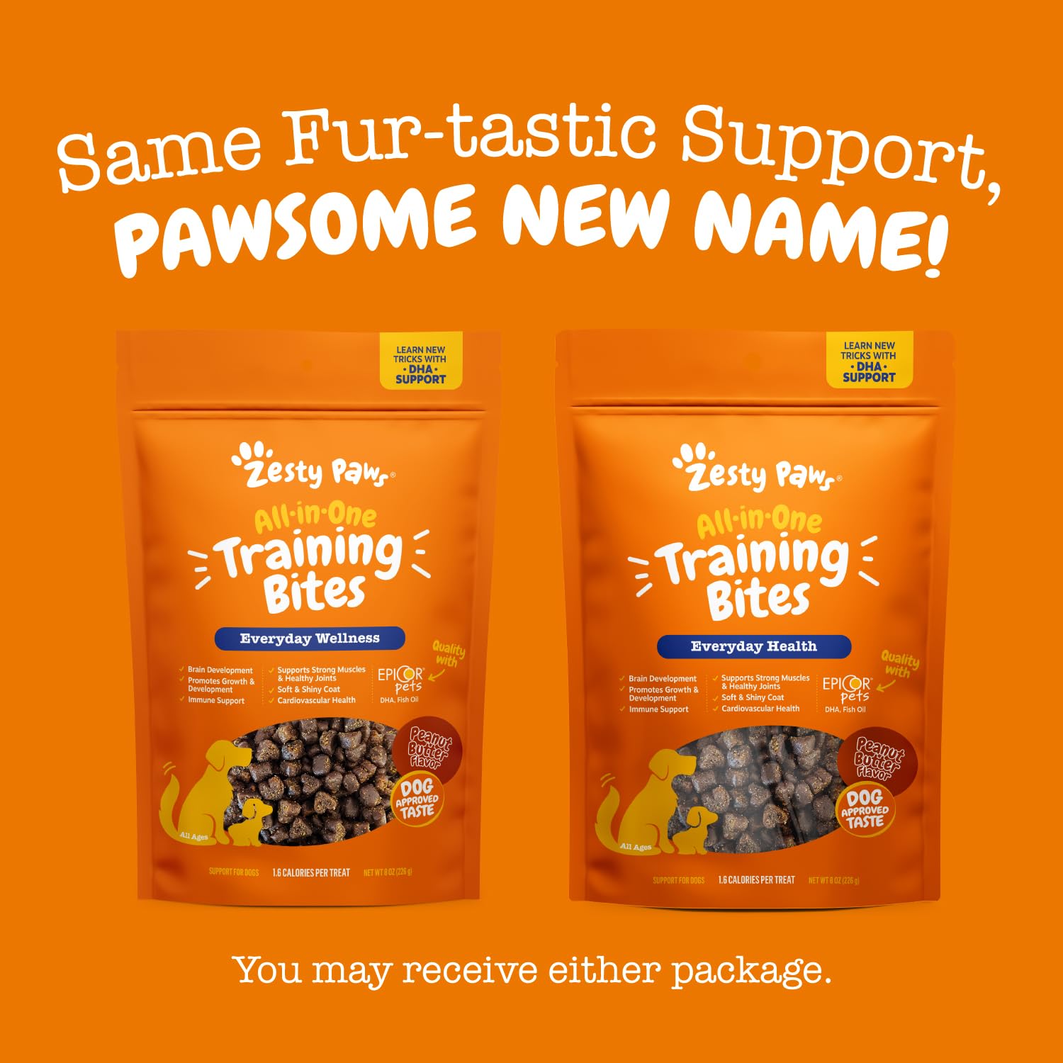 Zesty Paws training treats suitable for puppies, adults, and seniors.