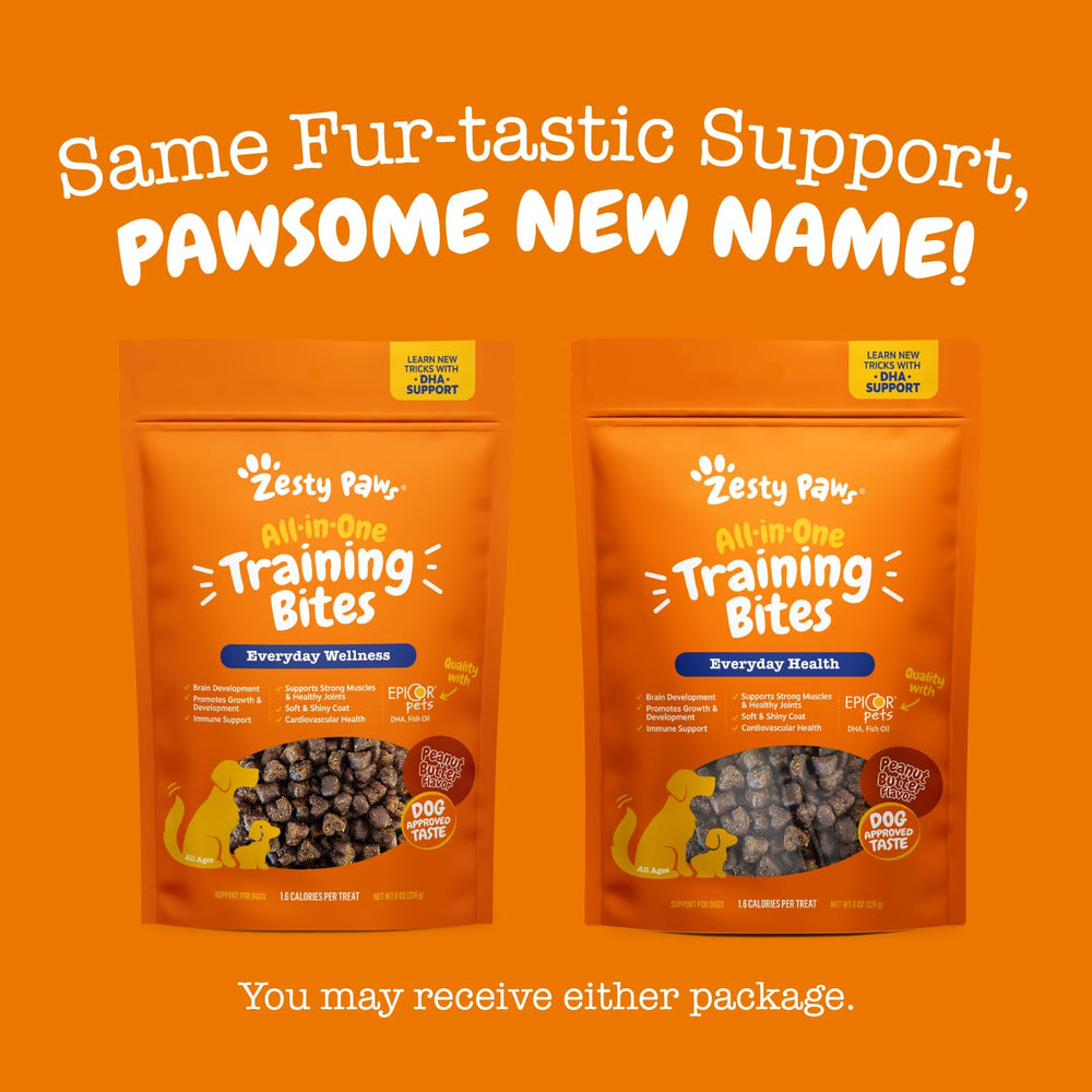 Zesty Paws training treats suitable for puppies, adults, and seniors.