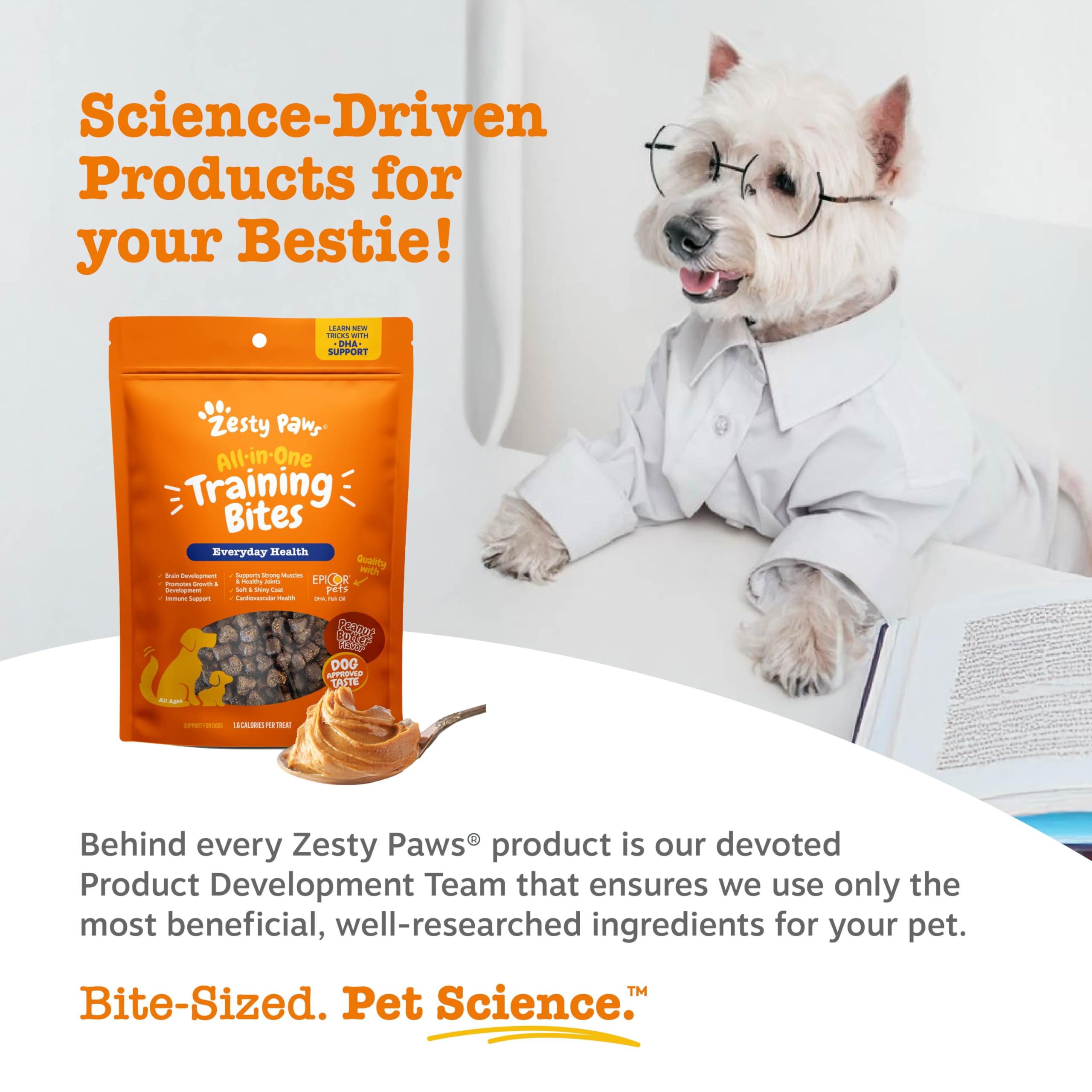 Zesty Paws soft-chewy bites sized for dogs of all ages.