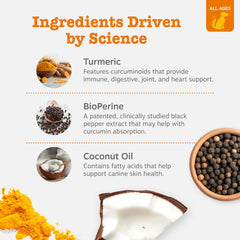 Zesty Paws Turmeric Curcumin Bites packaging highlights organic ingredients and curcuminoids.