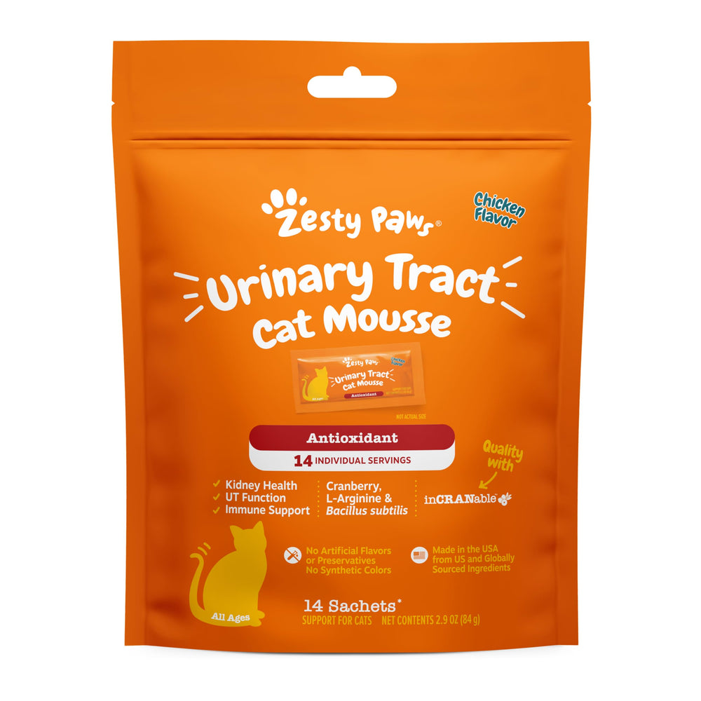 Zesty Paws Urinary Tract Cat Mousse bottle promoting kidney and urinary support.