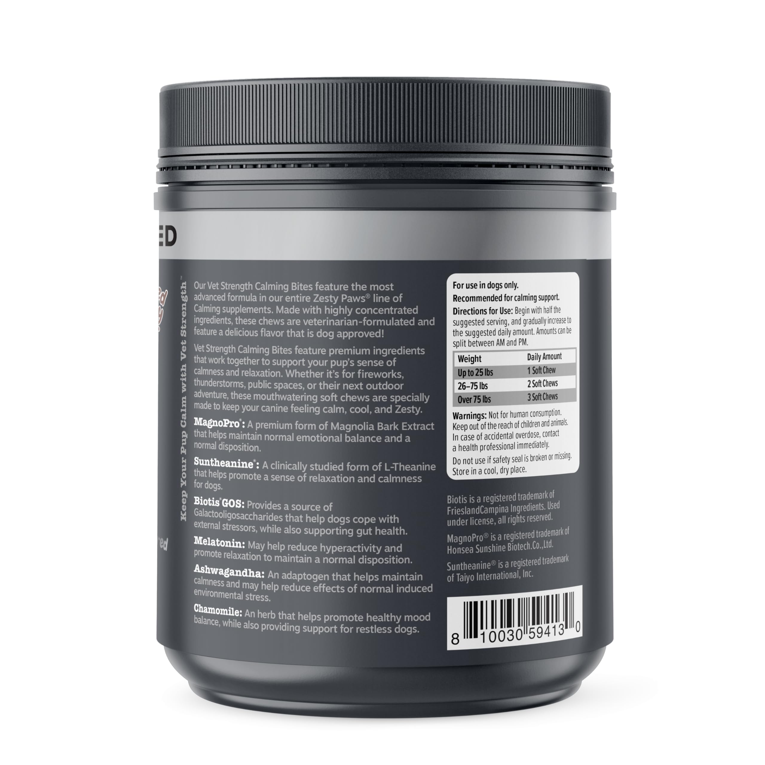 Dog in car with Zesty Paws Vet Strength Calming Chews during travel