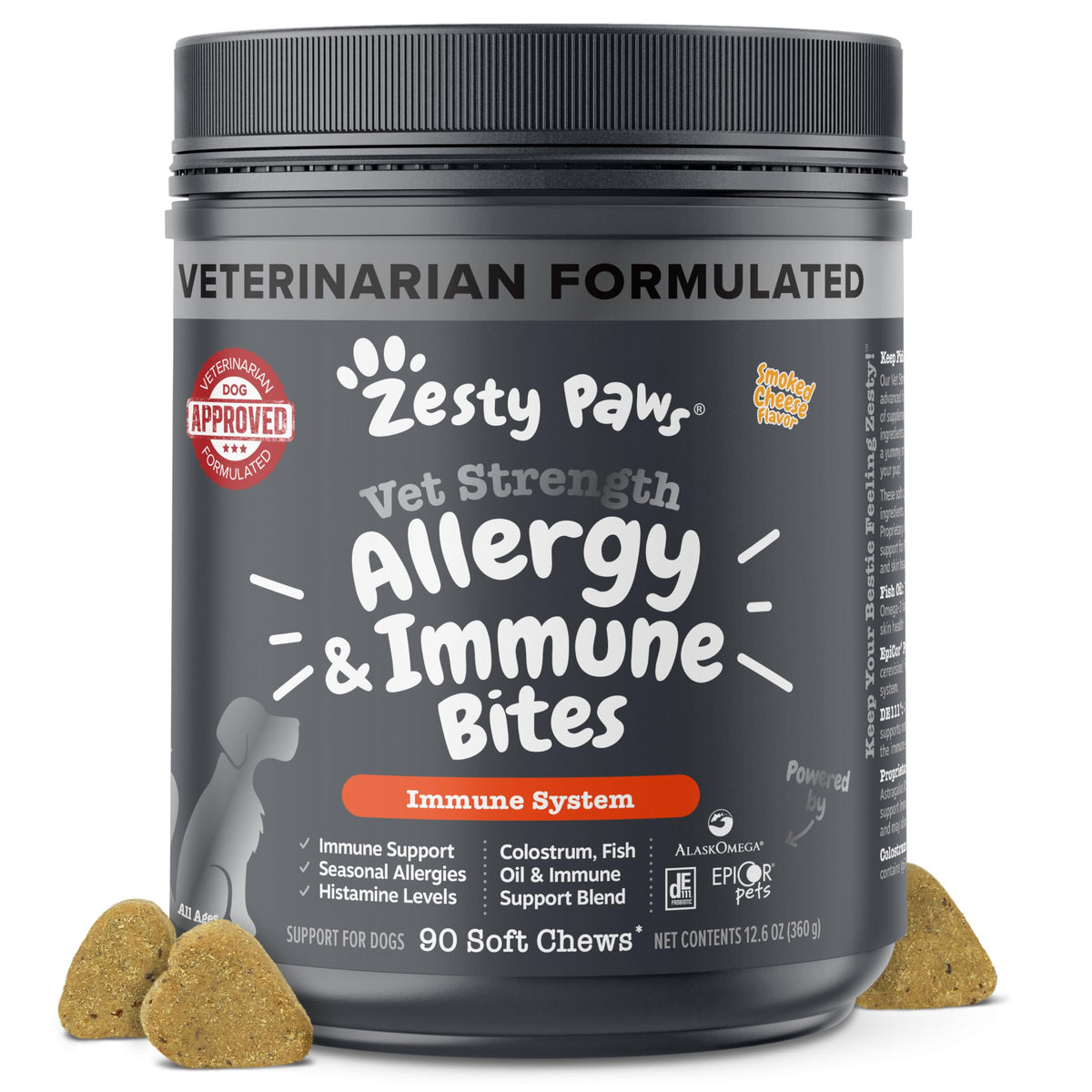 Zesty Paws Vet Strength allergy relief chews label; may support immune function in dogs.