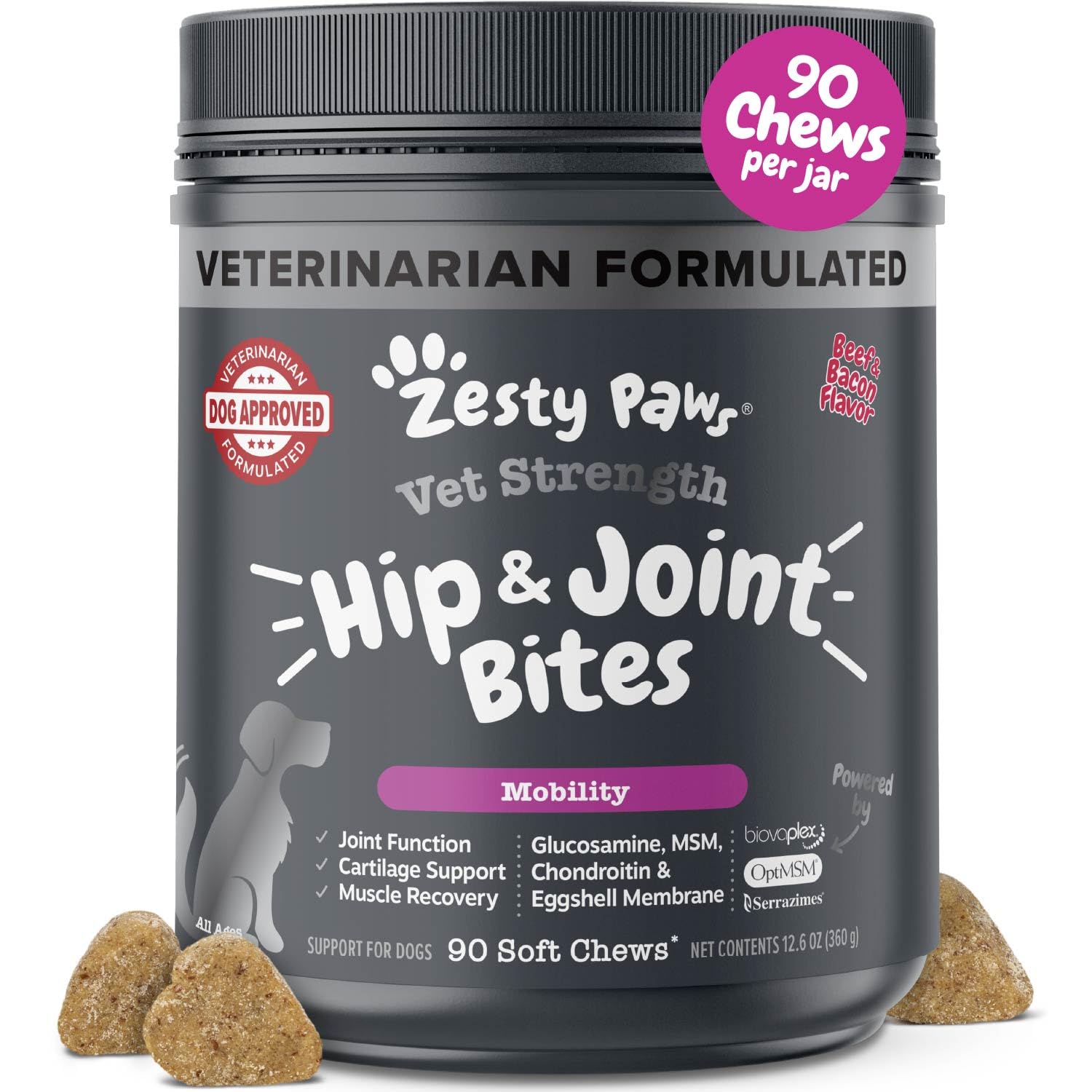 Zesty Paws Vet Strength Mobility Bites beef and bacon flavored chews shown in a jar, promoting joint support.