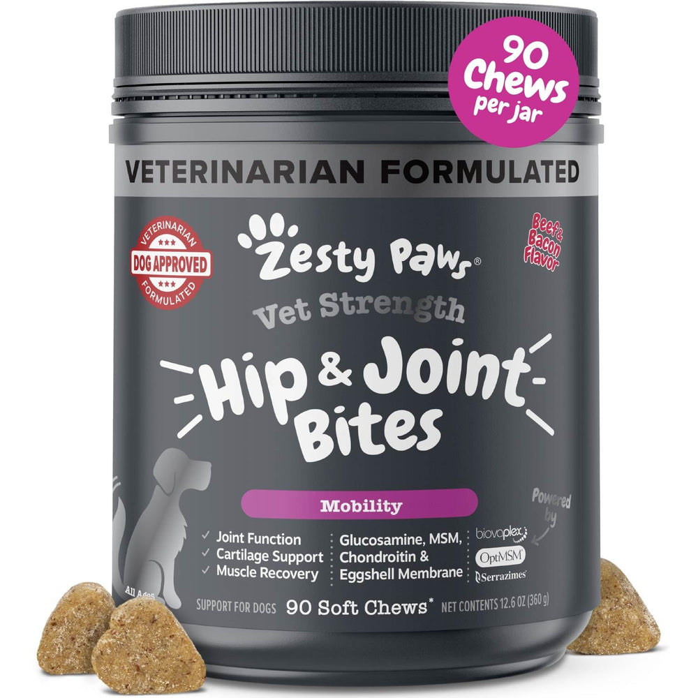 Zesty Paws Vet Strength Mobility Bites beef and bacon flavored chews shown in a jar, promoting joint support.