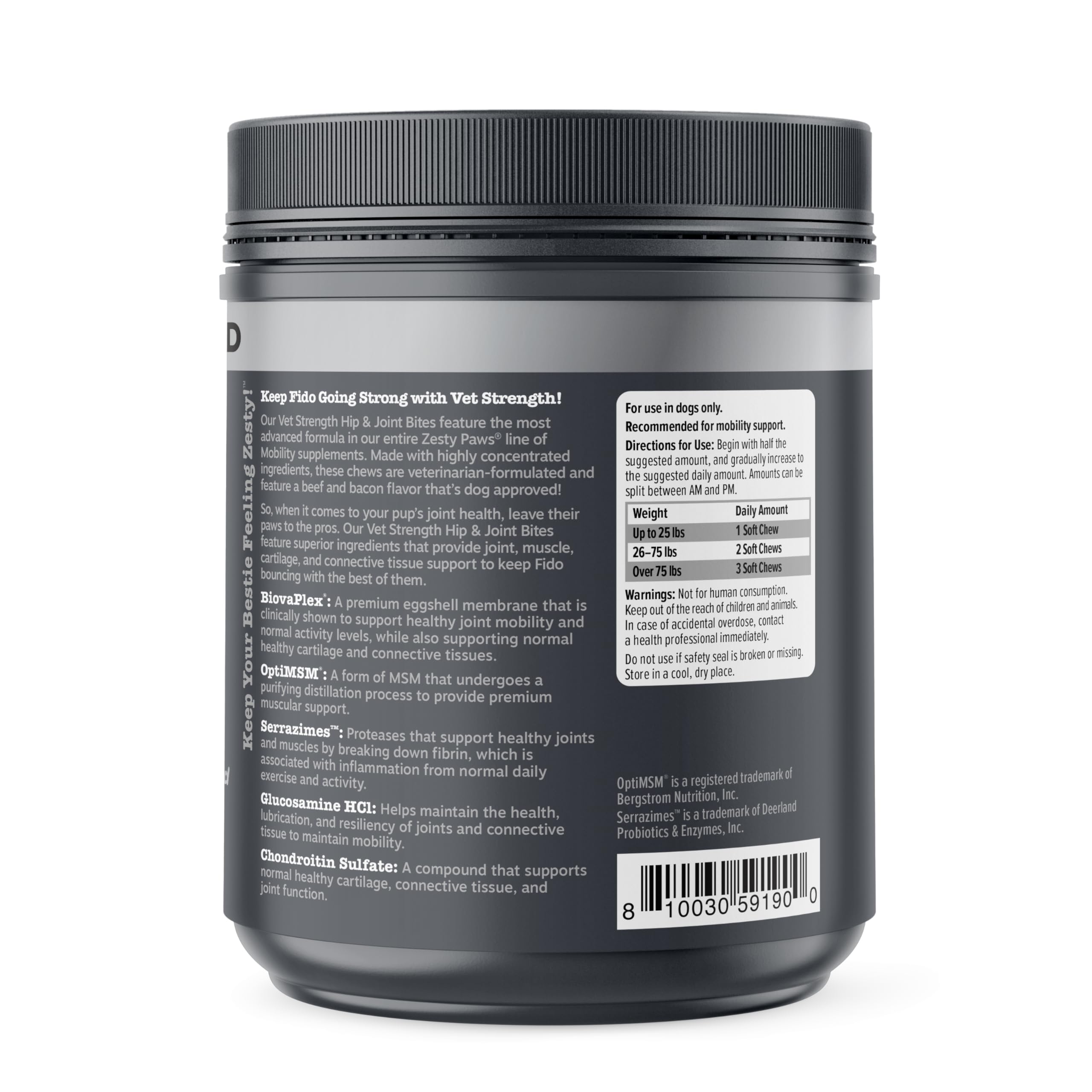 Zesty Paws Vet Strength Mobility Bites carton illustrating cartilage and joint support visuals.