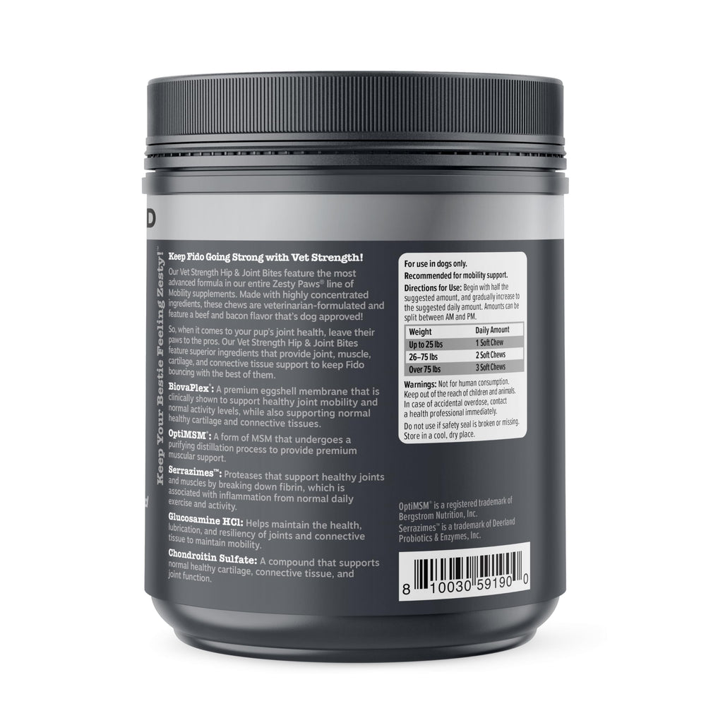 Zesty Paws Vet Strength Mobility Bites carton illustrating cartilage and joint support visuals.