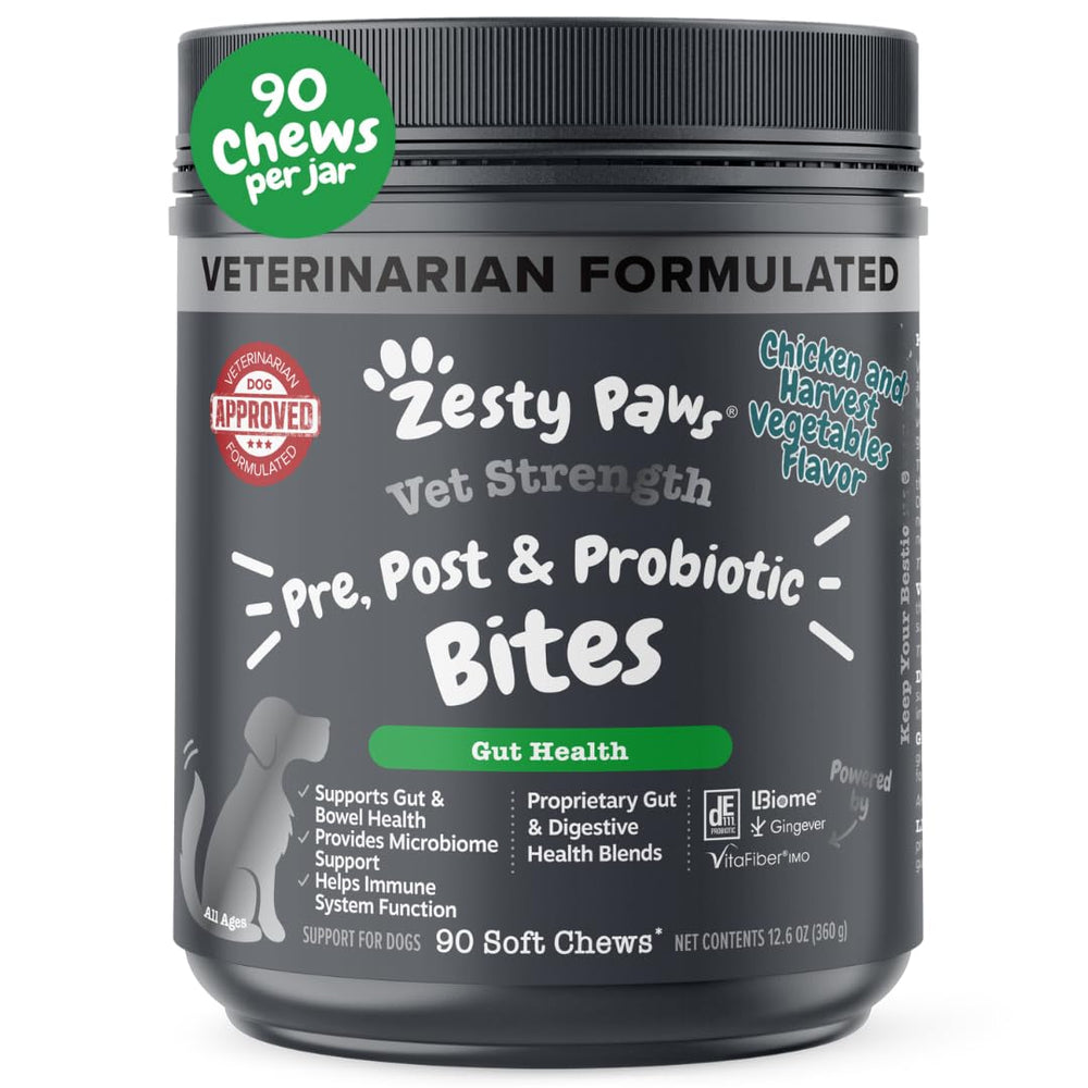 Zesty Paws Vet Strength Probiotics bottle for dogs supporting digestive health.