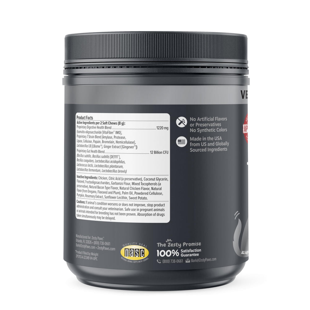 Zesty Paws Vet Strength Probiotics packaging highlights vet-formulated benefits.