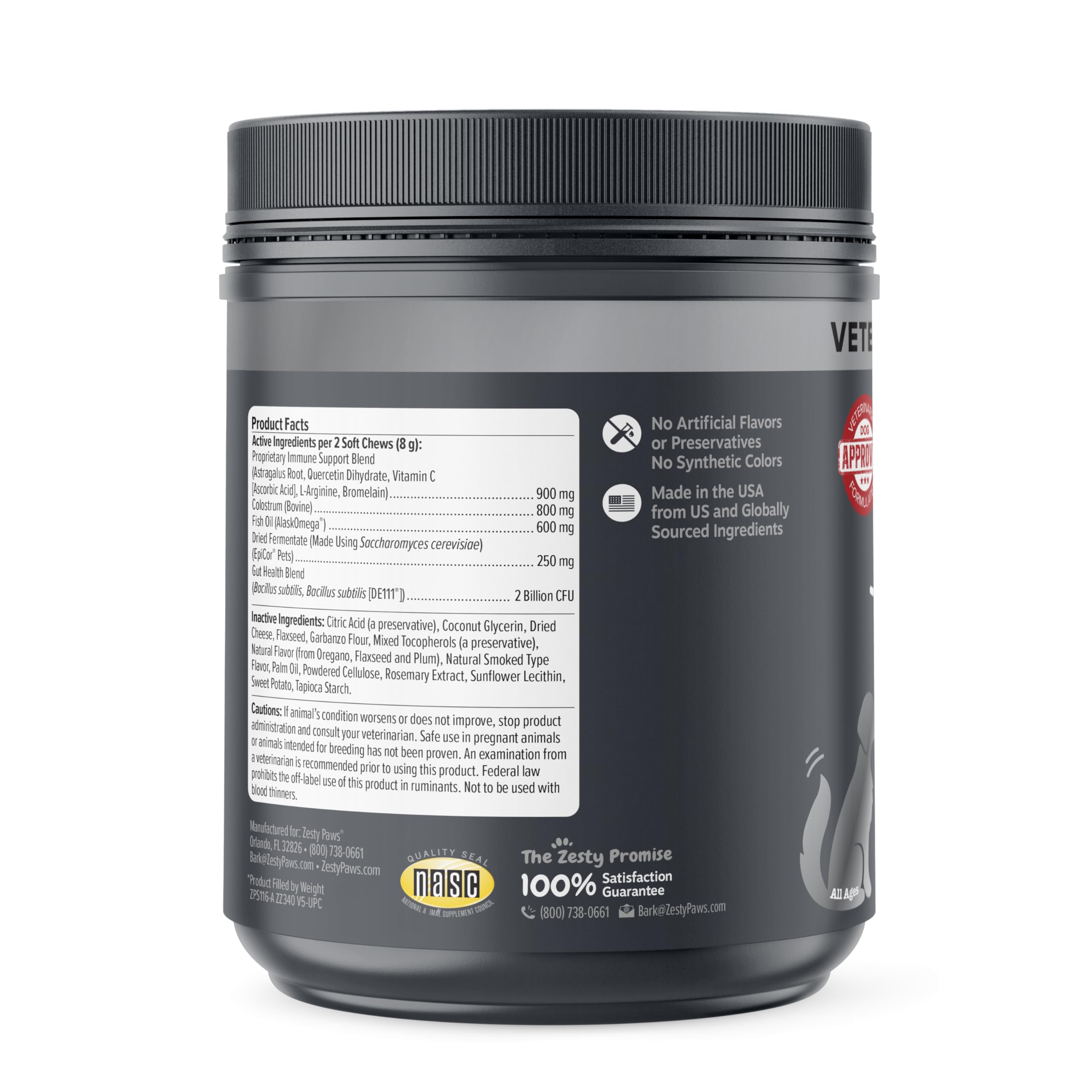 Zesty Paws Vet Strength omega-3 illustration; may benefit skin health and coat quality.