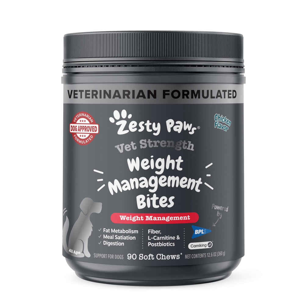 Zesty Paws Weight Management Bites bottle label—vet-strength formula for dogs.