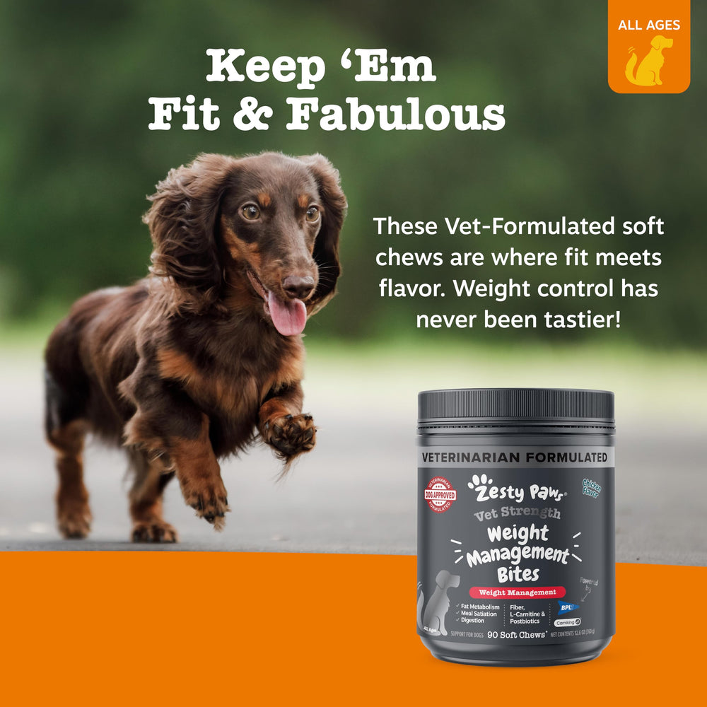 Zesty Paws Weight Management Bites ingredient BPL1 postbiotic—gut support.
