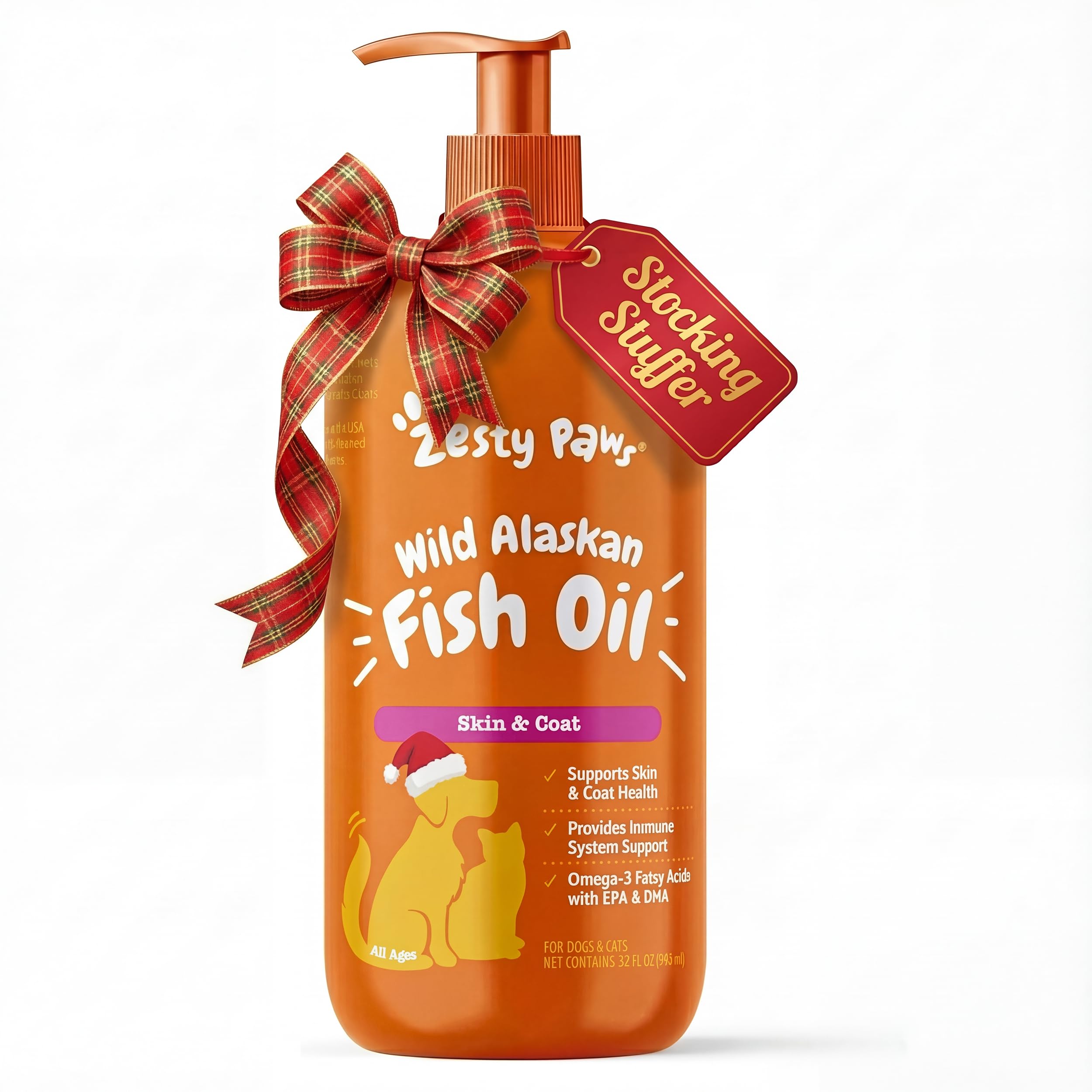 Zesty Paws Wild Alaskan Fish Oil bottle pour supports easy daily dosing for pets.