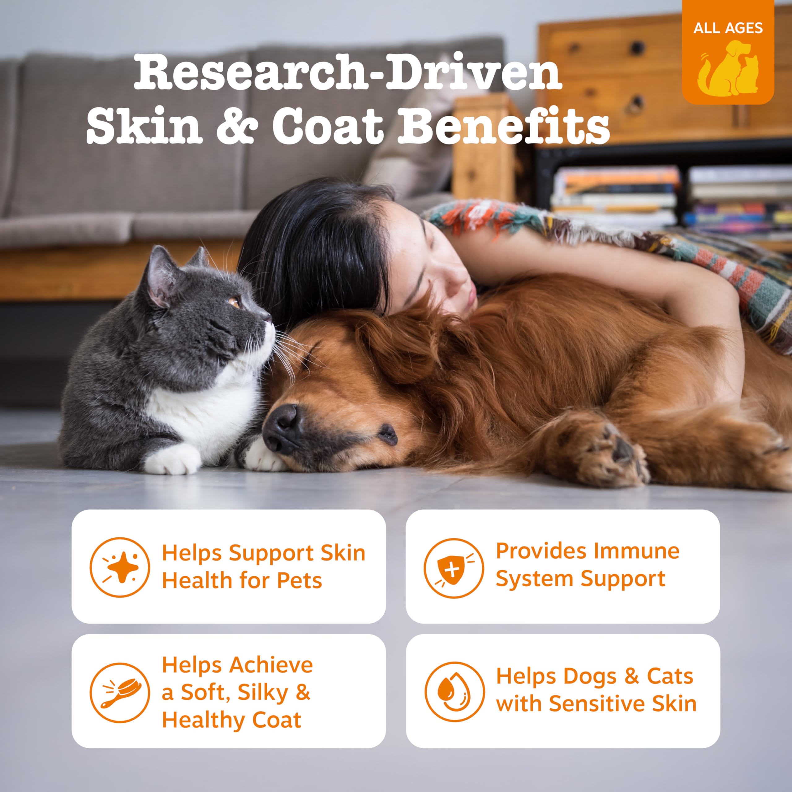 Zesty Paws Wild Alaskan Fish Oil label highlights Pollock and Salmon blend for coat health.