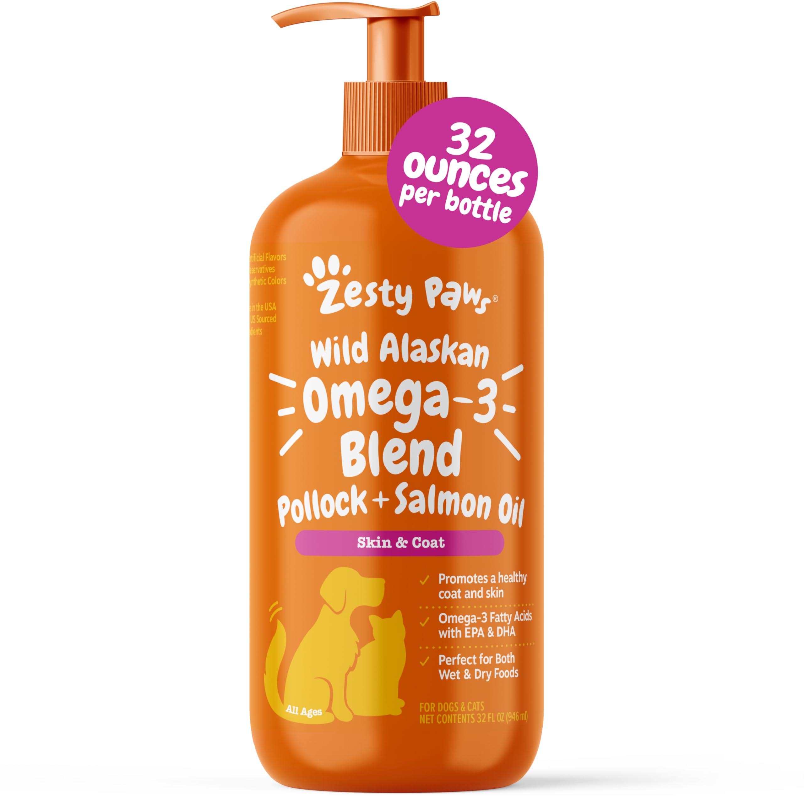 Zesty Paws Wild Alaskan Omega-3 Blend bottle poured for skin and coat nourishment