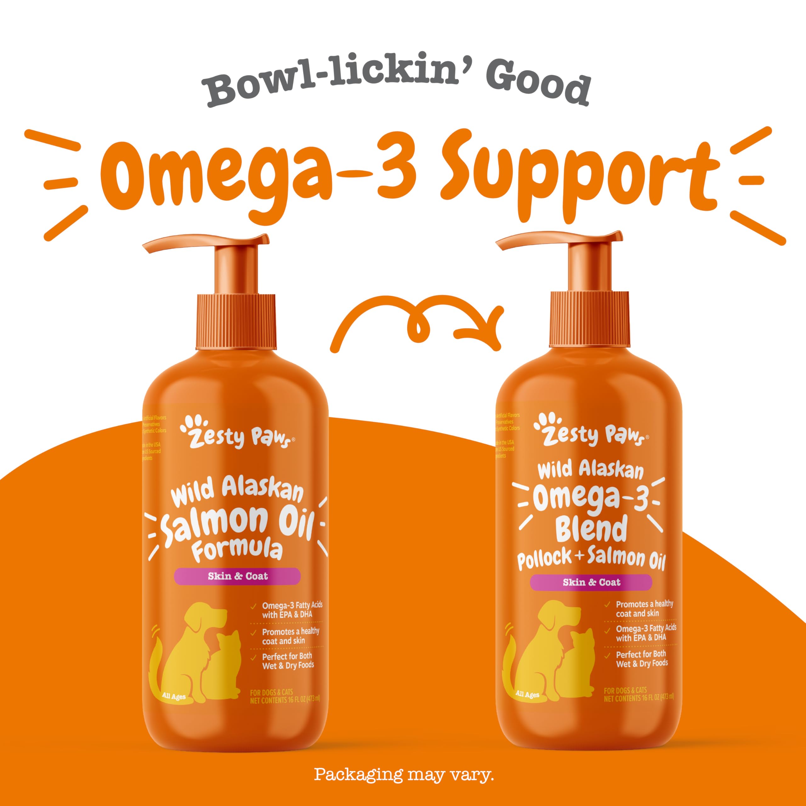Zesty Paws Omega-3 pump close-up prompts simple dosing